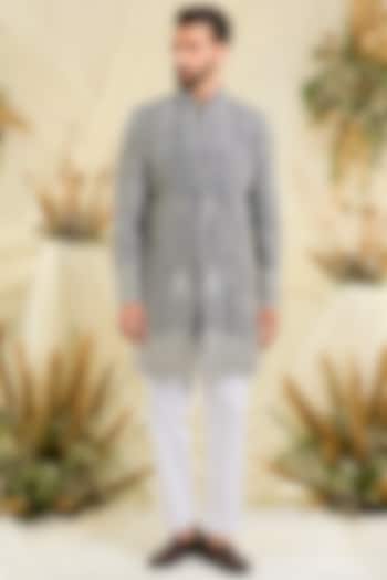 Blue Georgette Hand Embellished Wedding Sherwani by Kasbah Clothing at Pernia's Pop Up Shop