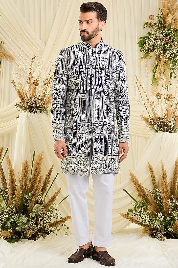 Blue Georgette Hand Embellished Wedding Sherwani by Kasbah Clothing at Pernia's Pop Up Shop
