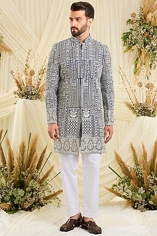 Blue Georgette Hand Embellished Sherwani by Kasbah Clothing