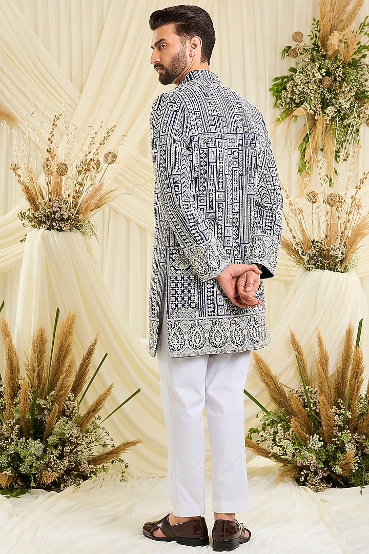 Blue Georgette Hand Embellished Wedding Sherwani by Kasbah Clothing at Pernia's Pop Up Shop