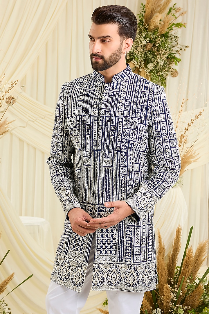 Blue Georgette Hand Embellished Wedding Sherwani by Kasbah Clothing at Pernia's Pop Up Shop