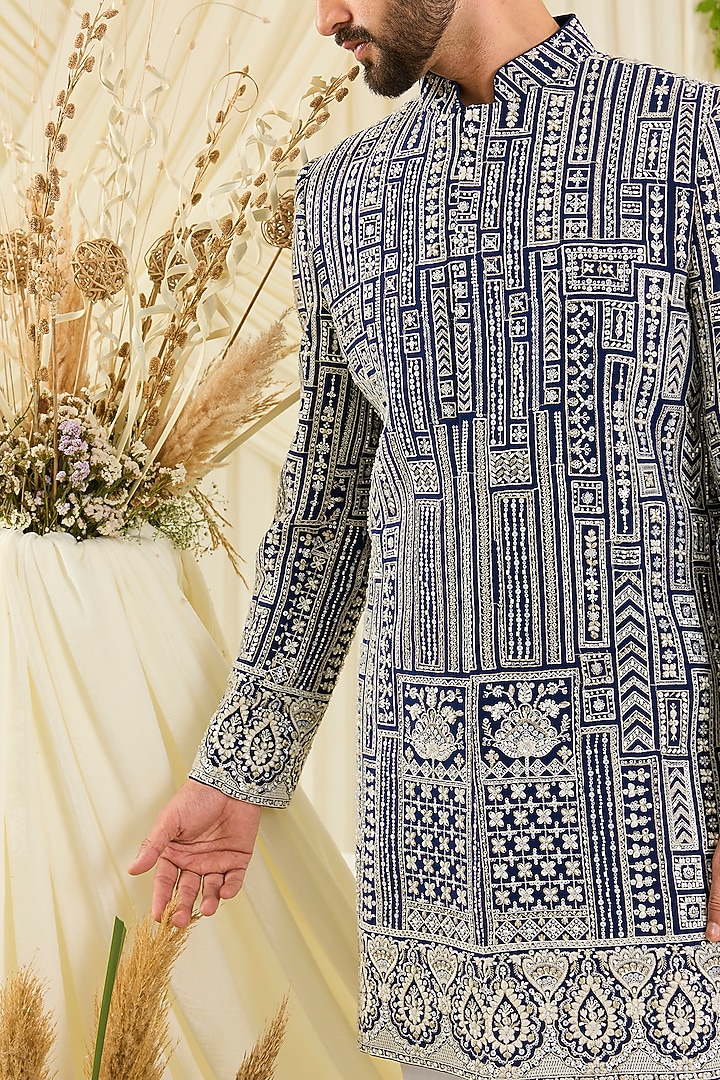 Blue Georgette Hand Embellished Wedding Sherwani by Kasbah Clothing at Pernia's Pop Up Shop