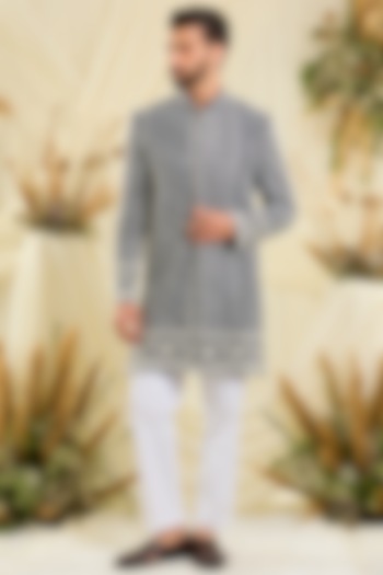 Blue Georgette Hand Embellished Wedding Sherwani by Kasbah Clothing at Pernia's Pop Up Shop