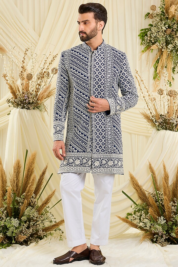 Blue Georgette Hand Embellished Wedding Sherwani by Kasbah Clothing at Pernia's Pop Up Shop
