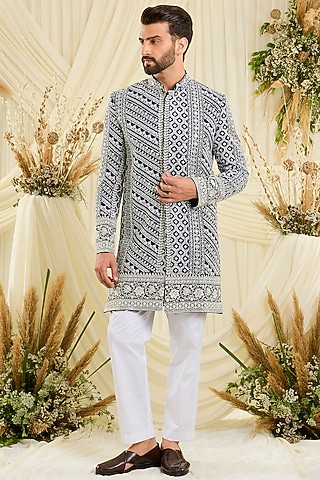 Blue Georgette Hand Embellished Sherwani by Kasbah Clothing