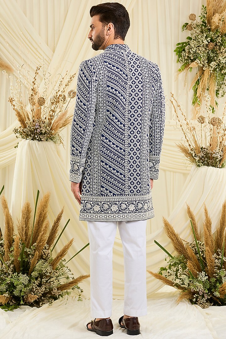 Blue Georgette Hand Embellished Wedding Sherwani by Kasbah Clothing at Pernia's Pop Up Shop