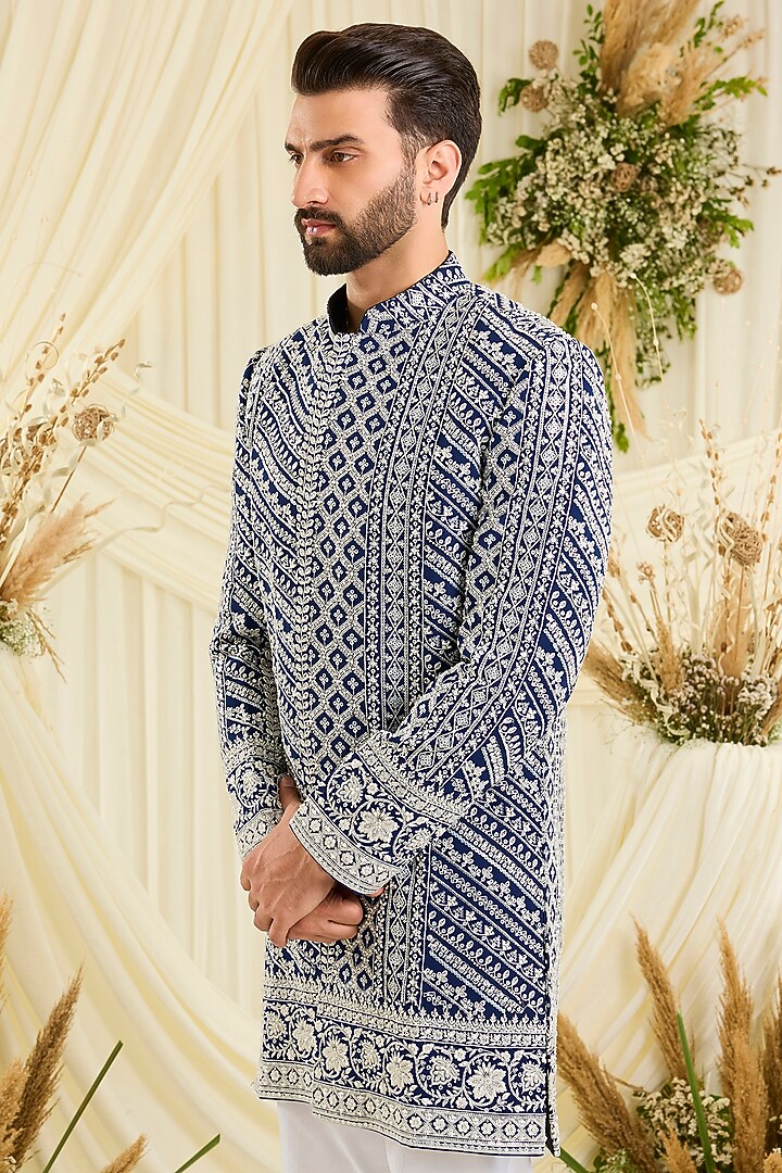 Blue Georgette Hand Embellished Wedding Sherwani by Kasbah Clothing at Pernia's Pop Up Shop