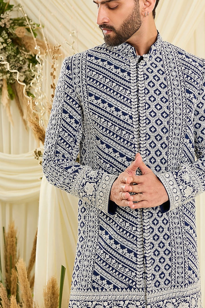 Blue Georgette Hand Embellished Wedding Sherwani by Kasbah Clothing at Pernia's Pop Up Shop