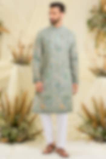 Pastel Sage Green Georgette Threadwork Kurta by Kasbah Clothing at Pernia's Pop Up Shop