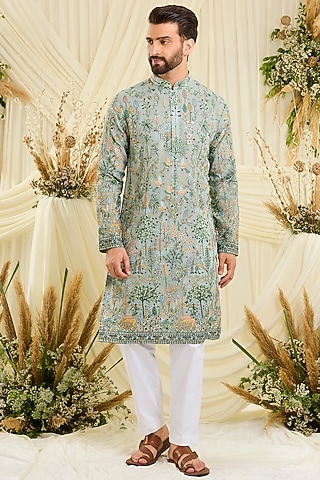Pastel Sage Green Georgette Threadwork Kurta by Kasbah Clothing