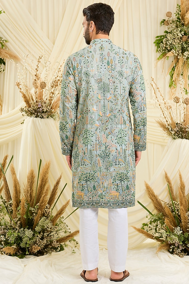 Pastel Sage Green Georgette Threadwork Kurta by Kasbah Clothing at Pernia's Pop Up Shop
