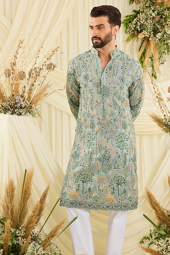 Pastel Sage Green Georgette Threadwork Kurta by Kasbah Clothing at Pernia's Pop Up Shop