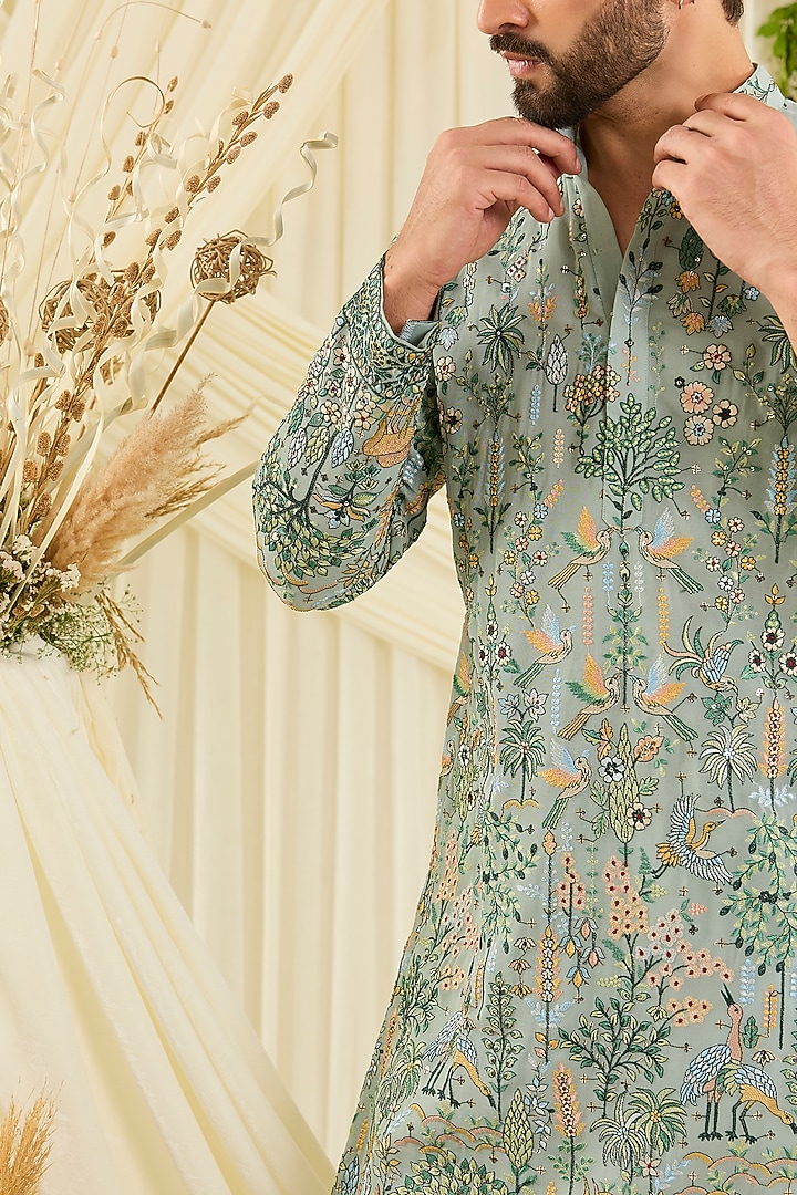 Pastel Sage Green Georgette Threadwork Kurta by Kasbah Clothing at Pernia's Pop Up Shop
