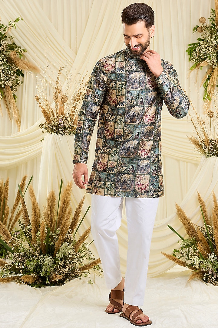 Green Poly Slub Printed & Aari Embroidered Short Kurta by Kasbah Clothing at Pernia's Pop Up Shop