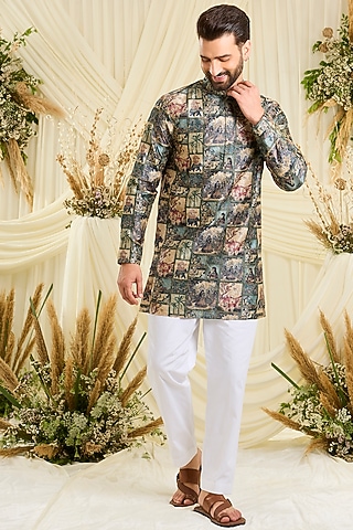 Green Poly Slub Printed & Aari Embroidered Short Kurta by Kasbah Clothing
