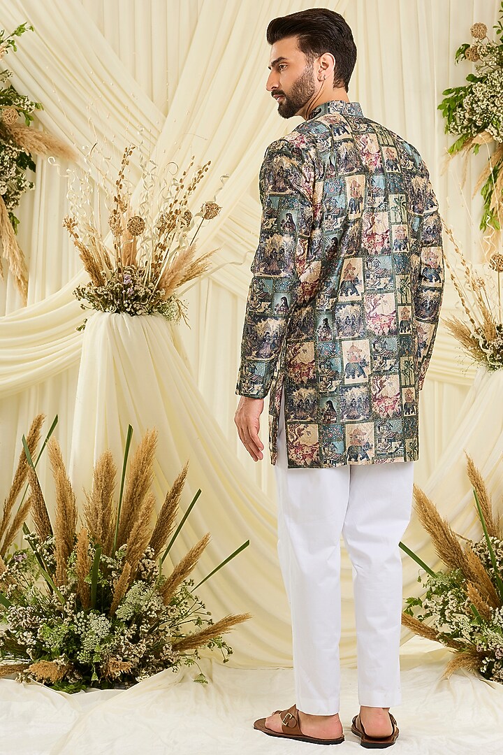 Green Poly Slub Printed & Aari Embroidered Short Kurta by Kasbah Clothing at Pernia's Pop Up Shop