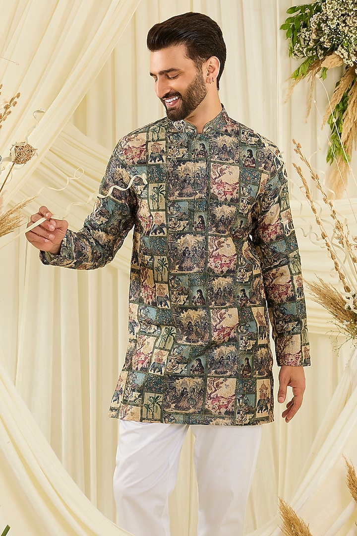 Green Poly Slub Printed & Aari Embroidered Short Kurta by Kasbah Clothing at Pernia's Pop Up Shop