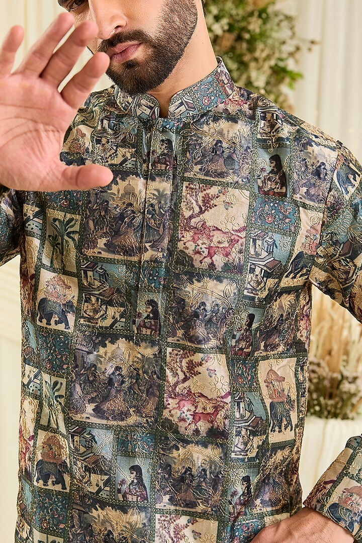 Green Poly Slub Printed & Aari Embroidered Short Kurta by Kasbah Clothing at Pernia's Pop Up Shop