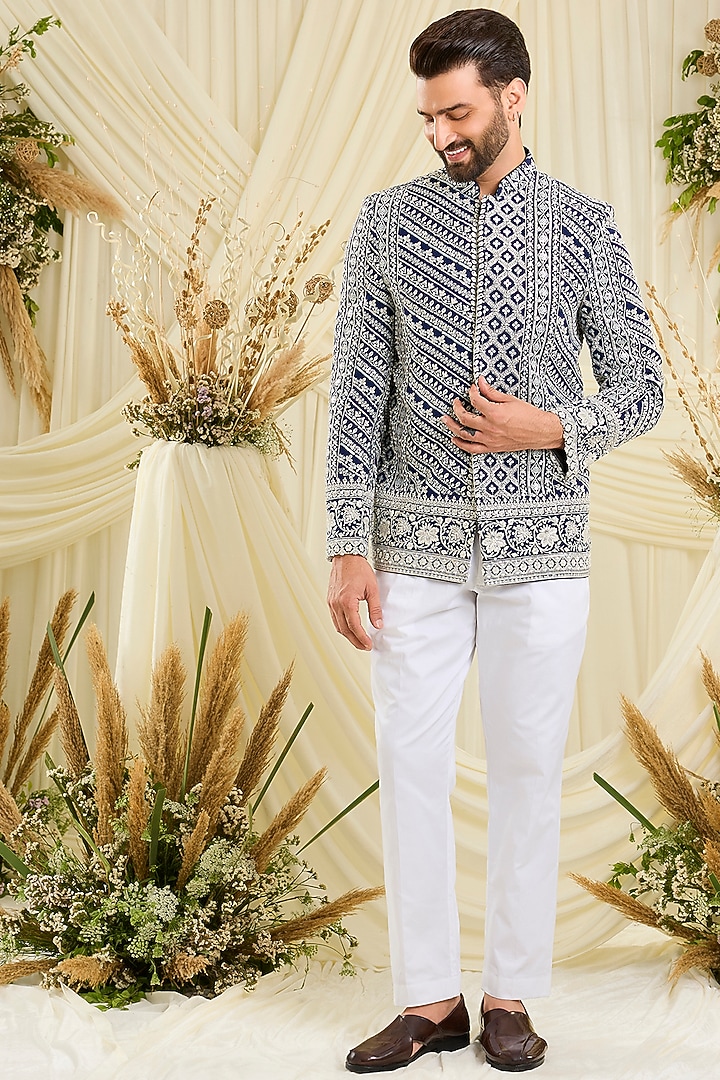 Royal Blue Georgette Hand Embellished Wedding Bandhgala Set by Kasbah Clothing at Pernia's Pop Up Shop