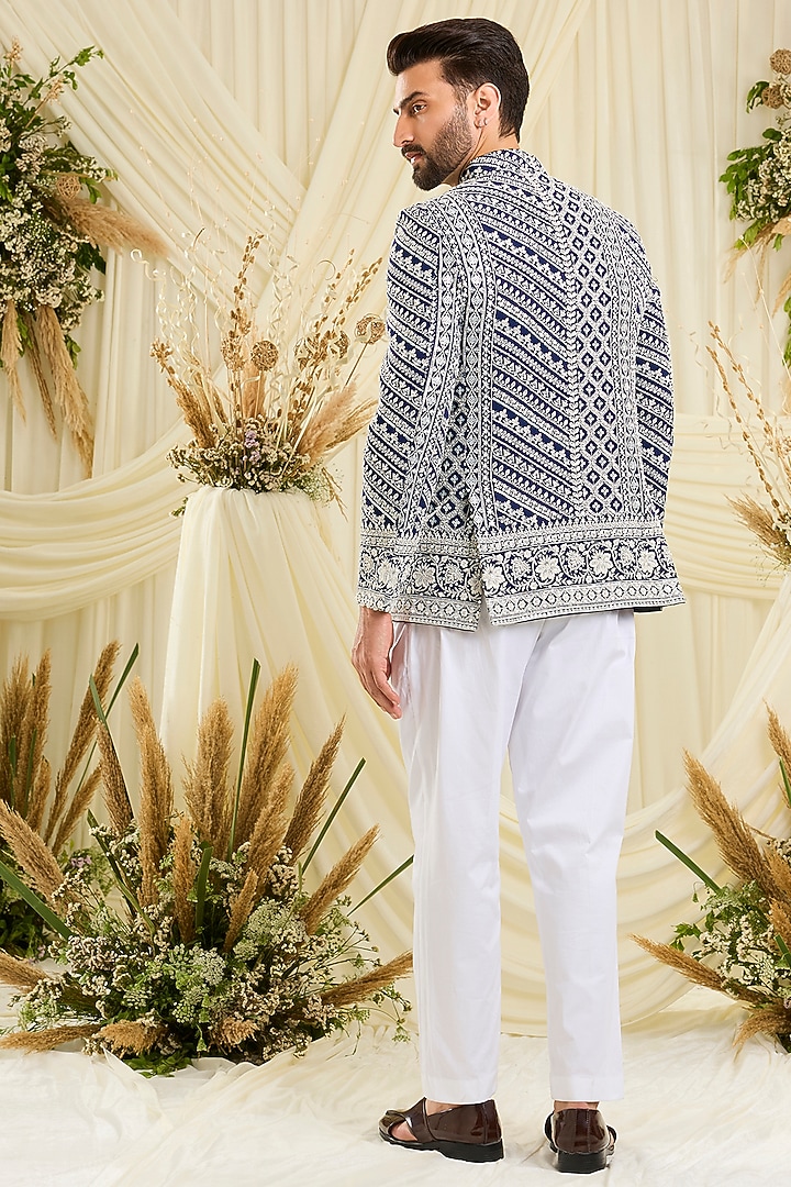 Royal Blue Georgette Hand Embellished Wedding Bandhgala Set by Kasbah Clothing at Pernia's Pop Up Shop