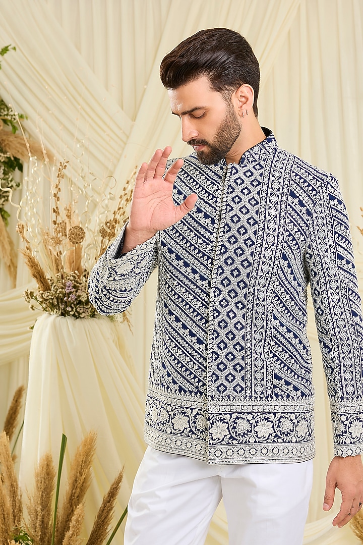 Royal Blue Georgette Hand Embellished Wedding Bandhgala Set by Kasbah Clothing at Pernia's Pop Up Shop
