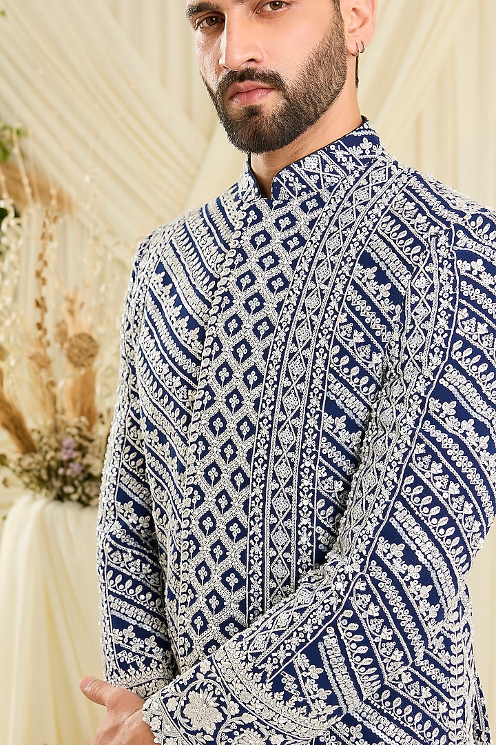 Royal Blue Georgette Hand Embellished Wedding Bandhgala Set by Kasbah Clothing at Pernia's Pop Up Shop
