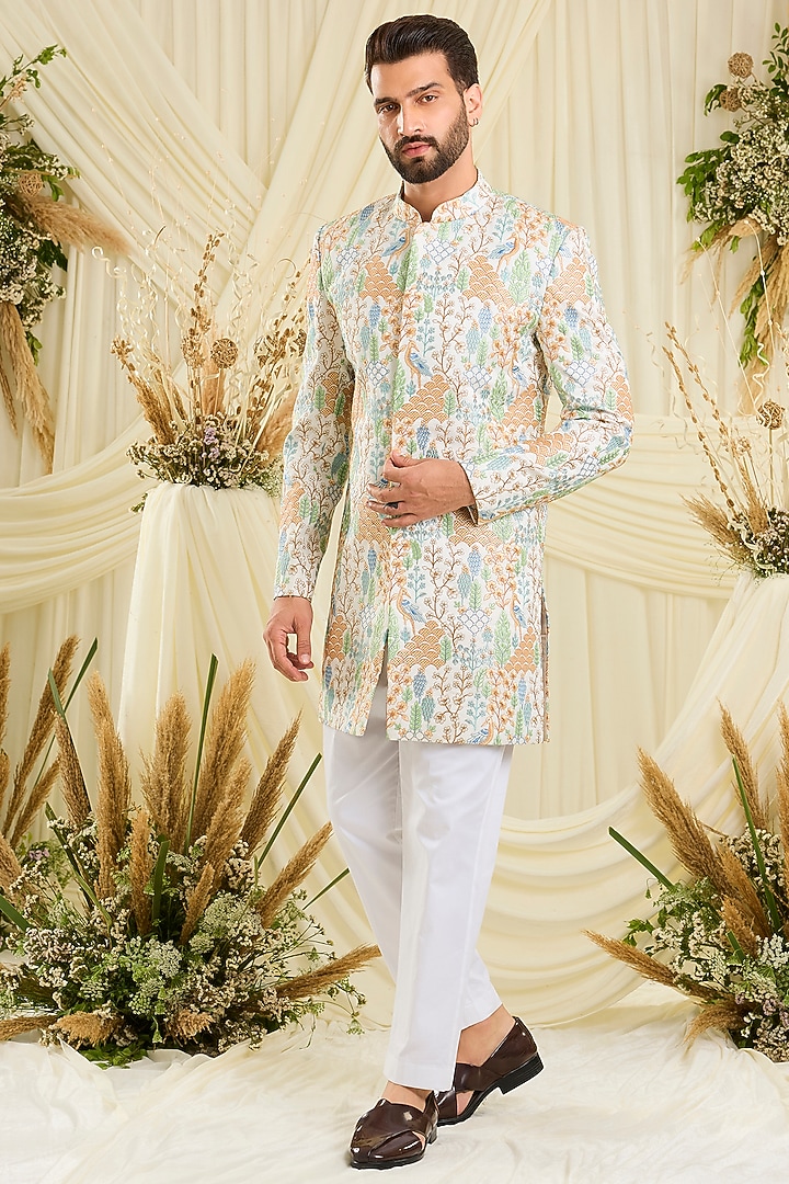 Multi-Colored Silk Threadwork Short Wedding Sherwani by Kasbah Clothing at Pernia's Pop Up Shop