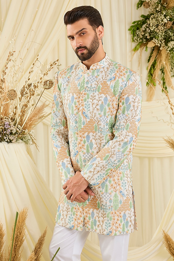 Multi-Colored Silk Threadwork Short Wedding Sherwani by Kasbah Clothing at Pernia's Pop Up Shop