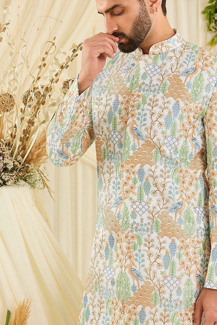 Multi-Colored Silk Threadwork Short Wedding Sherwani by Kasbah Clothing at Pernia's Pop Up Shop