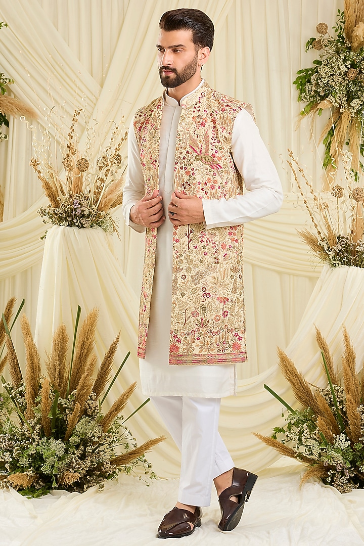 Multi-Colored Georgette Threadwork Long Open Jacket by Kasbah Clothing at Pernia's Pop Up Shop