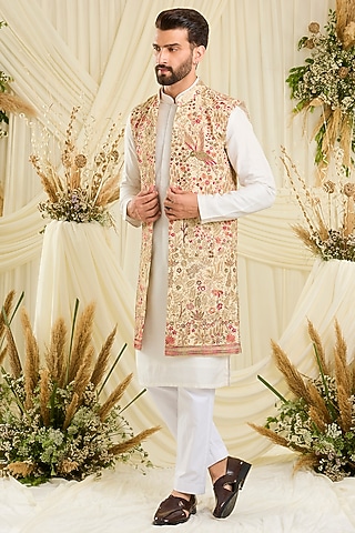 Multi-Colored Georgette Threadwork Long Open Jacket by Kasbah Clothing