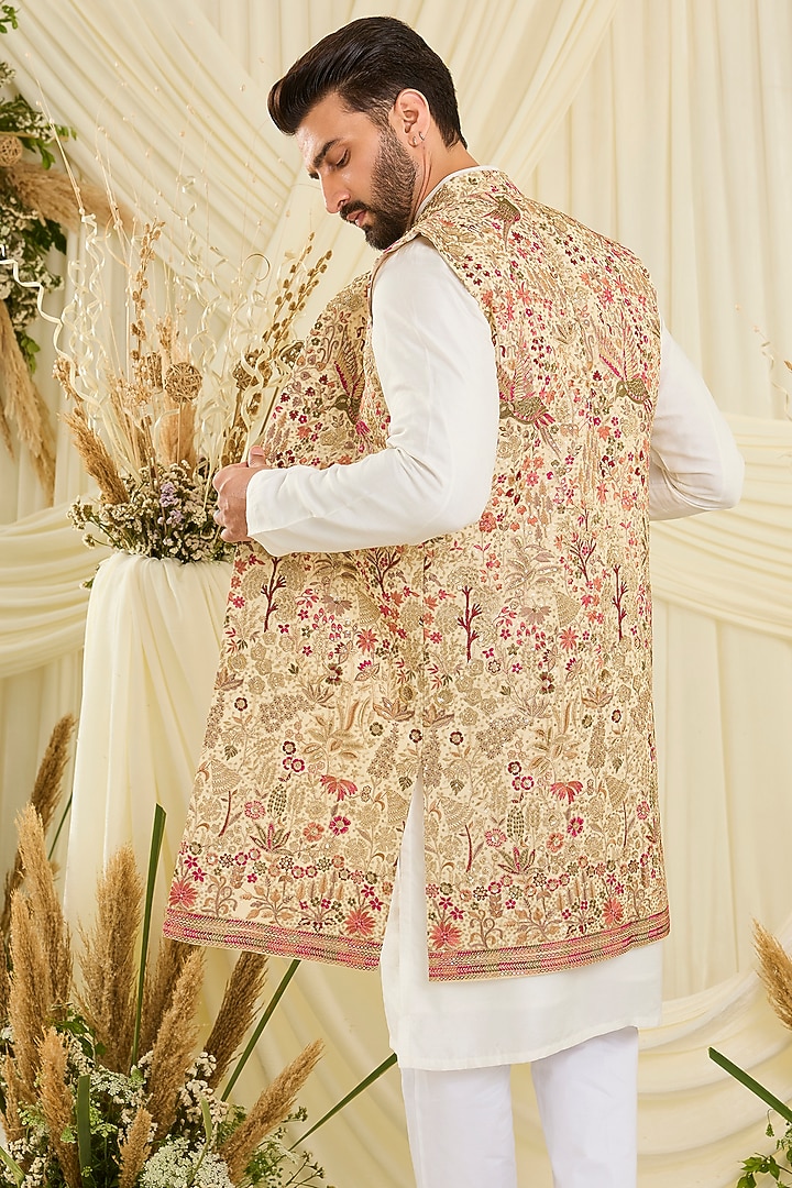 Multi-Colored Georgette Threadwork Long Open Jacket by Kasbah Clothing at Pernia's Pop Up Shop