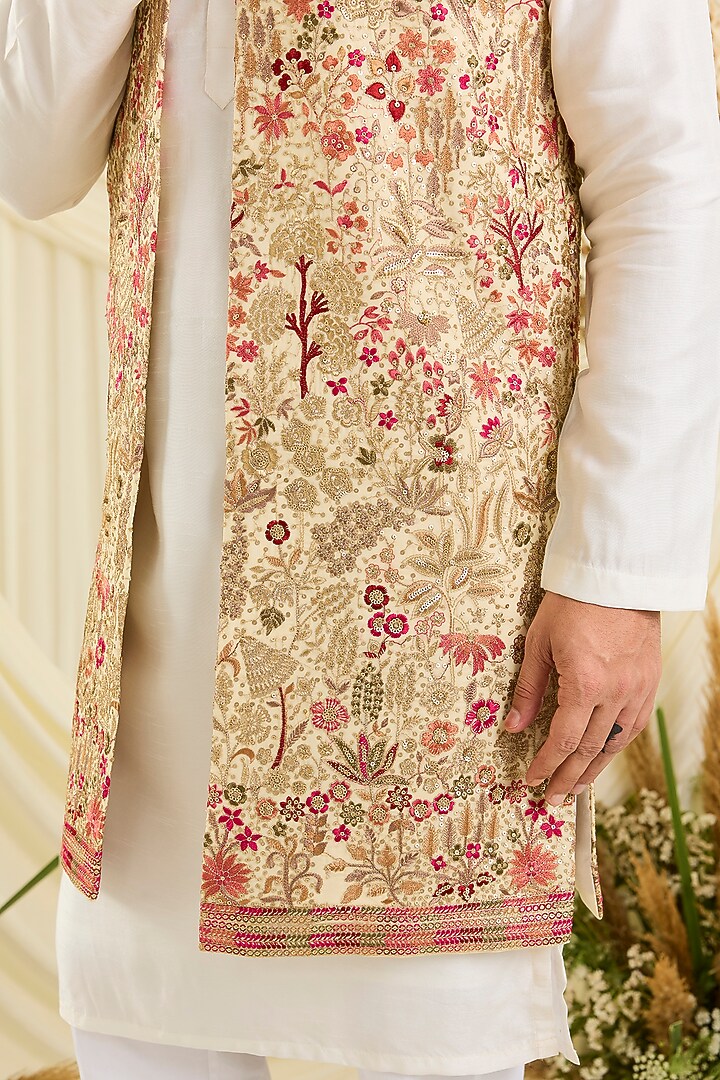 Multi-Colored Georgette Threadwork Long Open Jacket by Kasbah Clothing at Pernia's Pop Up Shop