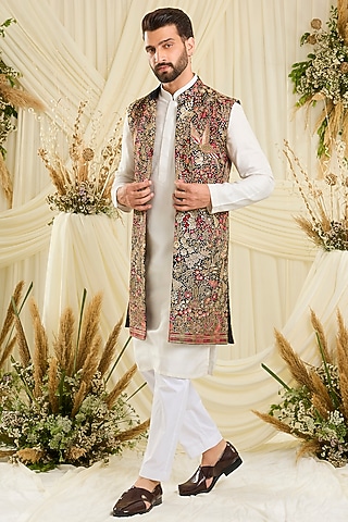 Black Georgette Threadwork Long Open Jacket by Kasbah Clothing
