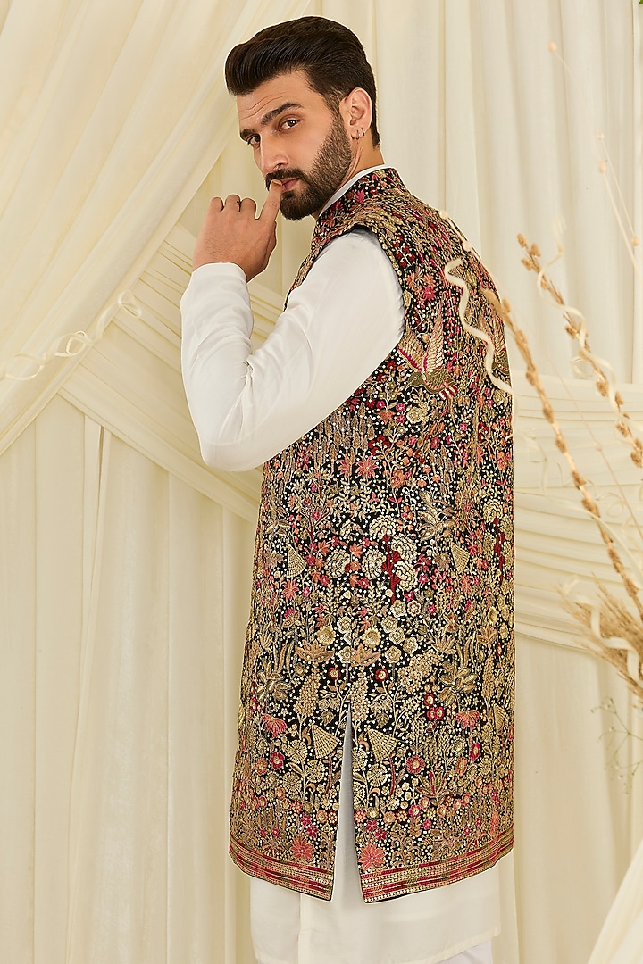 Black Georgette Threadwork Long Open Jacket by Kasbah Clothing at Pernia's Pop Up Shop