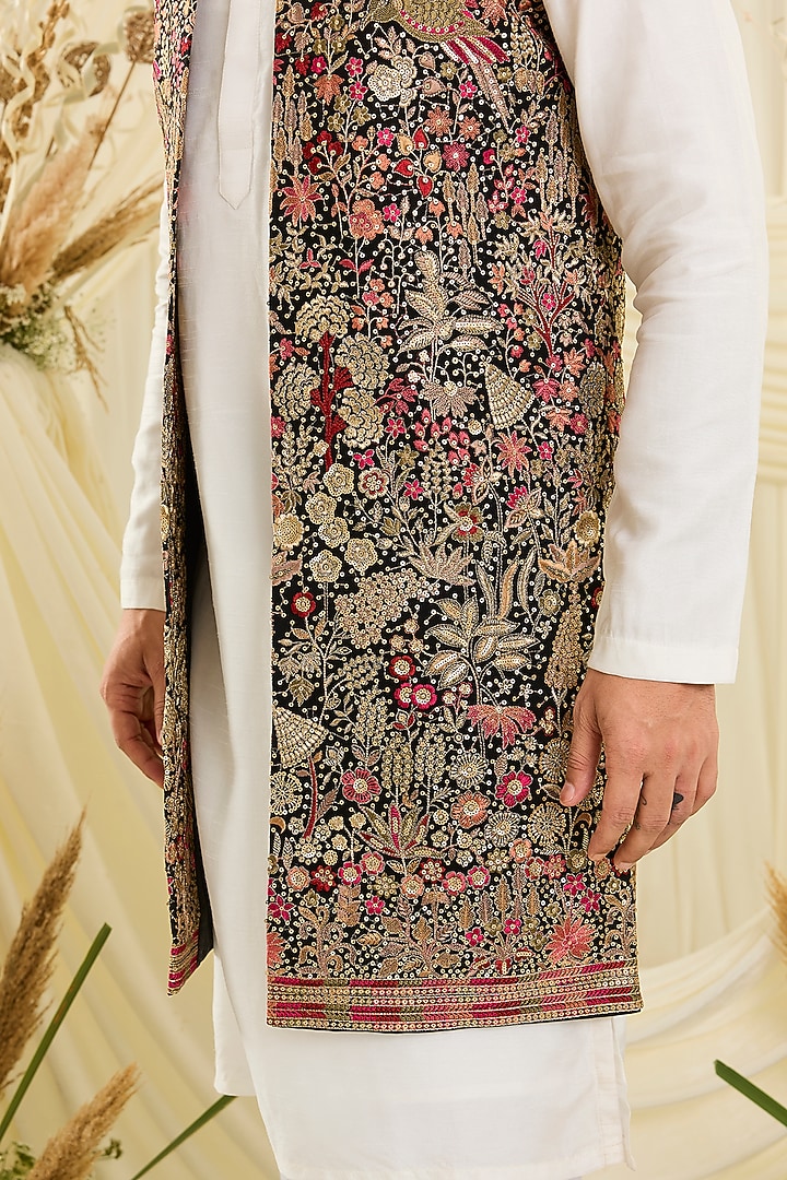 Black Georgette Threadwork Long Open Jacket by Kasbah Clothing at Pernia's Pop Up Shop