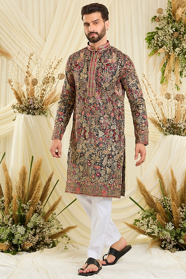 Black Georgette Threadwork Kurta by Kasbah Clothing at Pernia's Pop Up Shop