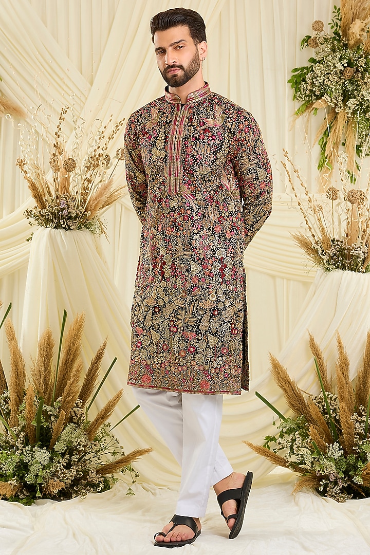 Black Georgette Threadwork Kurta by Kasbah Clothing at Pernia's Pop Up Shop