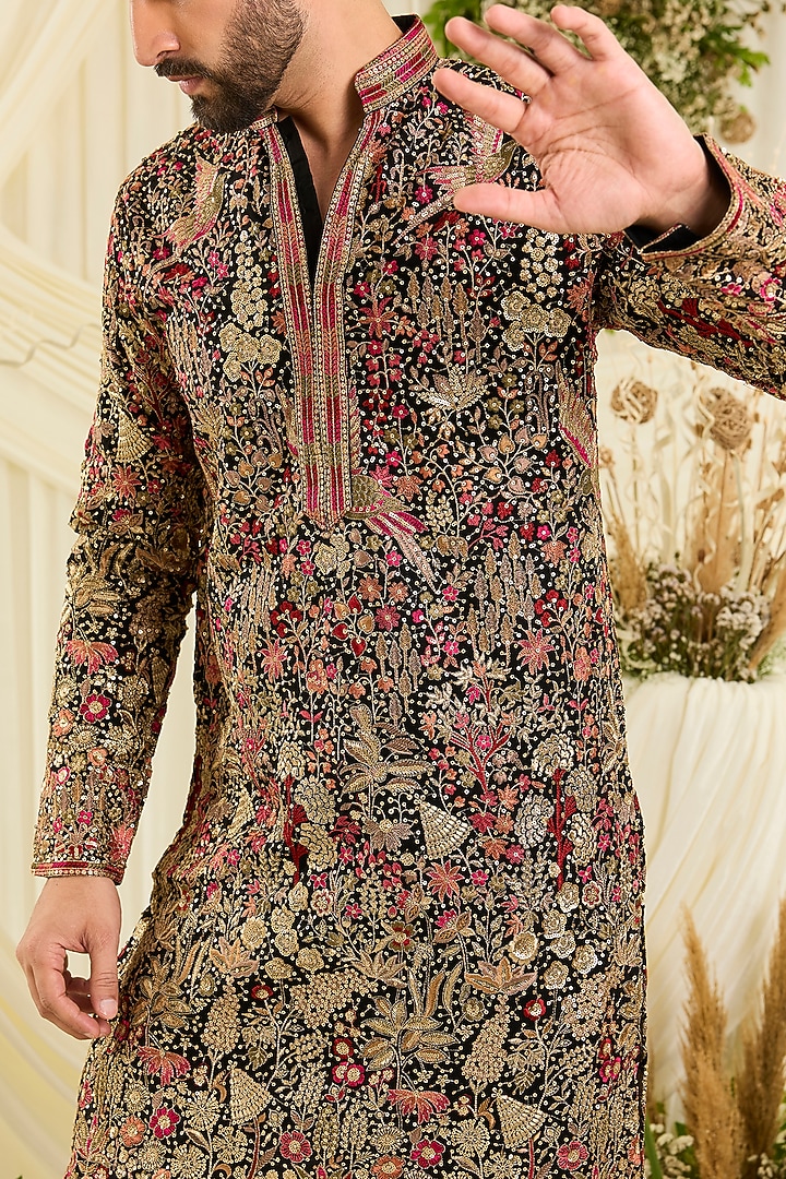 Black Georgette Threadwork Kurta by Kasbah Clothing at Pernia's Pop Up Shop