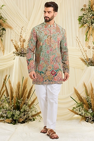 Pastel Blue Crepe Silk Floral Embroidered Short Kurta by Kasbah Clothing