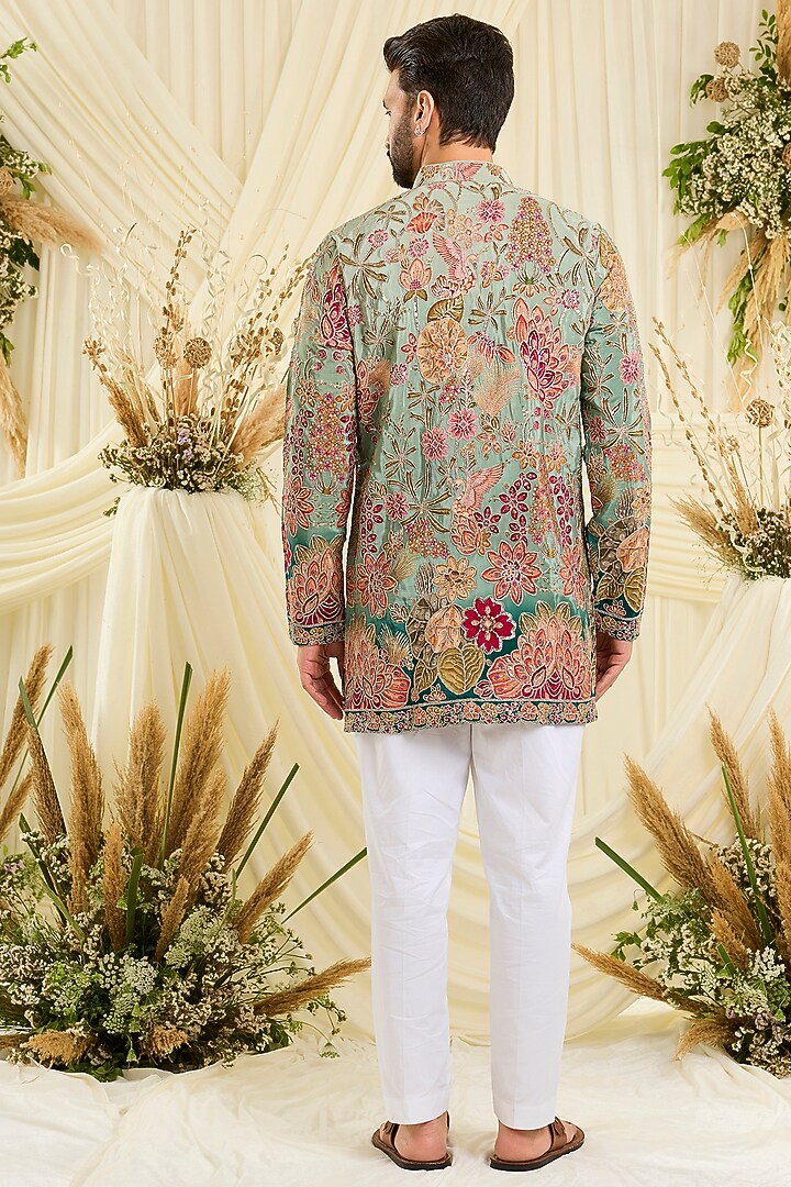 Pastel Blue Crepe Silk Floral Embroidered Short Kurta by Kasbah Clothing at Pernia's Pop Up Shop