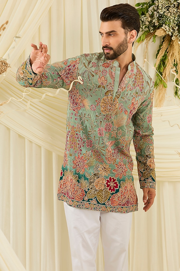 Pastel Blue Crepe Silk Floral Embroidered Short Kurta by Kasbah Clothing at Pernia's Pop Up Shop