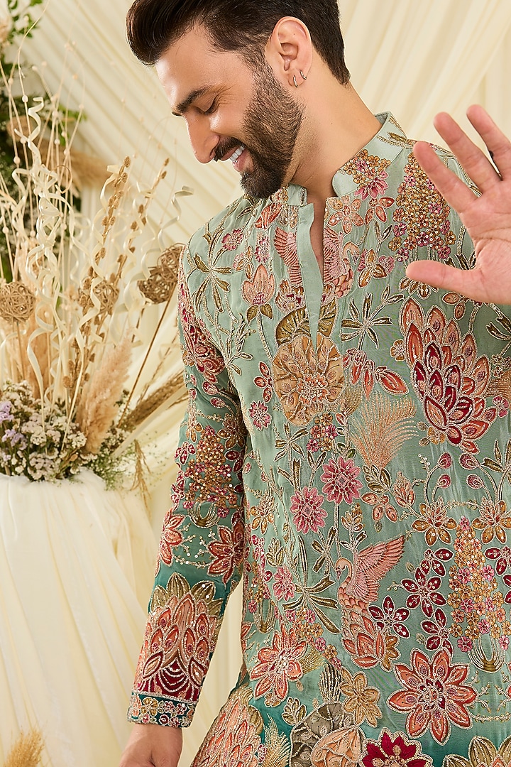 Pastel Blue Crepe Silk Floral Embroidered Short Kurta by Kasbah Clothing at Pernia's Pop Up Shop