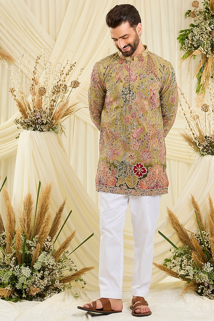 Soft Pastel Green Crepe Silk Floral Embroidered Short Kurta by Kasbah Clothing at Pernia's Pop Up Shop