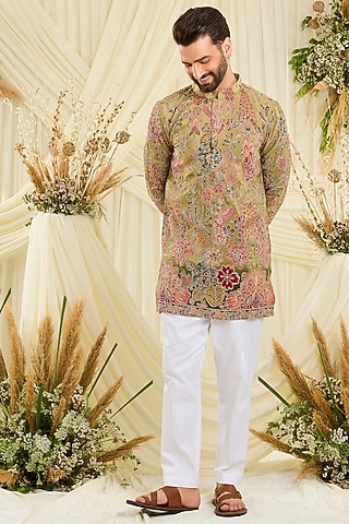 Soft Pastel Green Crepe Silk Floral Embroidered Short Kurta by Kasbah Clothing