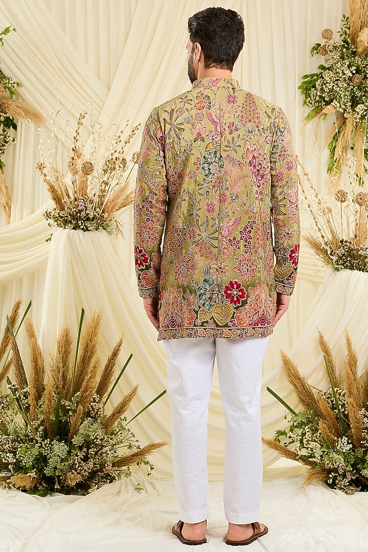 Soft Pastel Green Crepe Silk Floral Embroidered Short Kurta by Kasbah Clothing at Pernia's Pop Up Shop