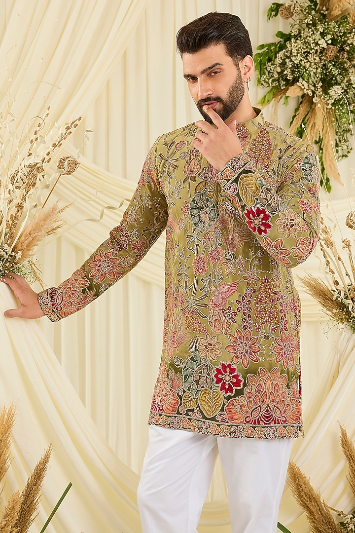 Soft Pastel Green Crepe Silk Floral Embroidered Short Kurta by Kasbah Clothing at Pernia's Pop Up Shop