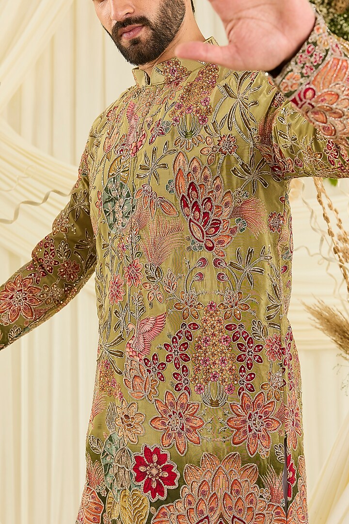 Soft Pastel Green Crepe Silk Floral Embroidered Short Kurta by Kasbah Clothing at Pernia's Pop Up Shop