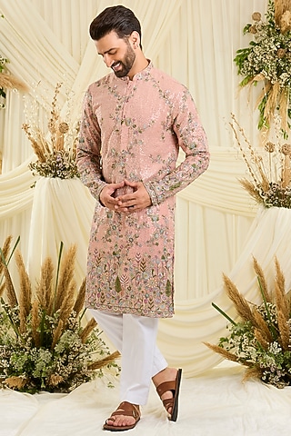 Peach Georgette Threadwork Kurta by Kasbah Clothing