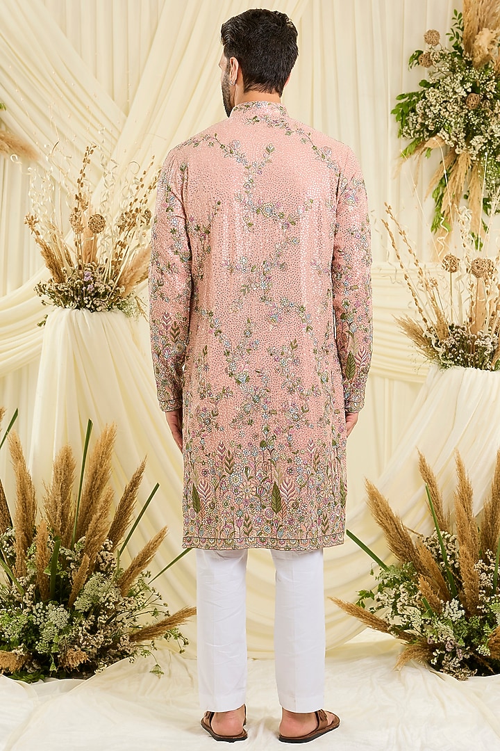 Peach Georgette Threadwork Kurta by Kasbah Clothing at Pernia's Pop Up Shop
